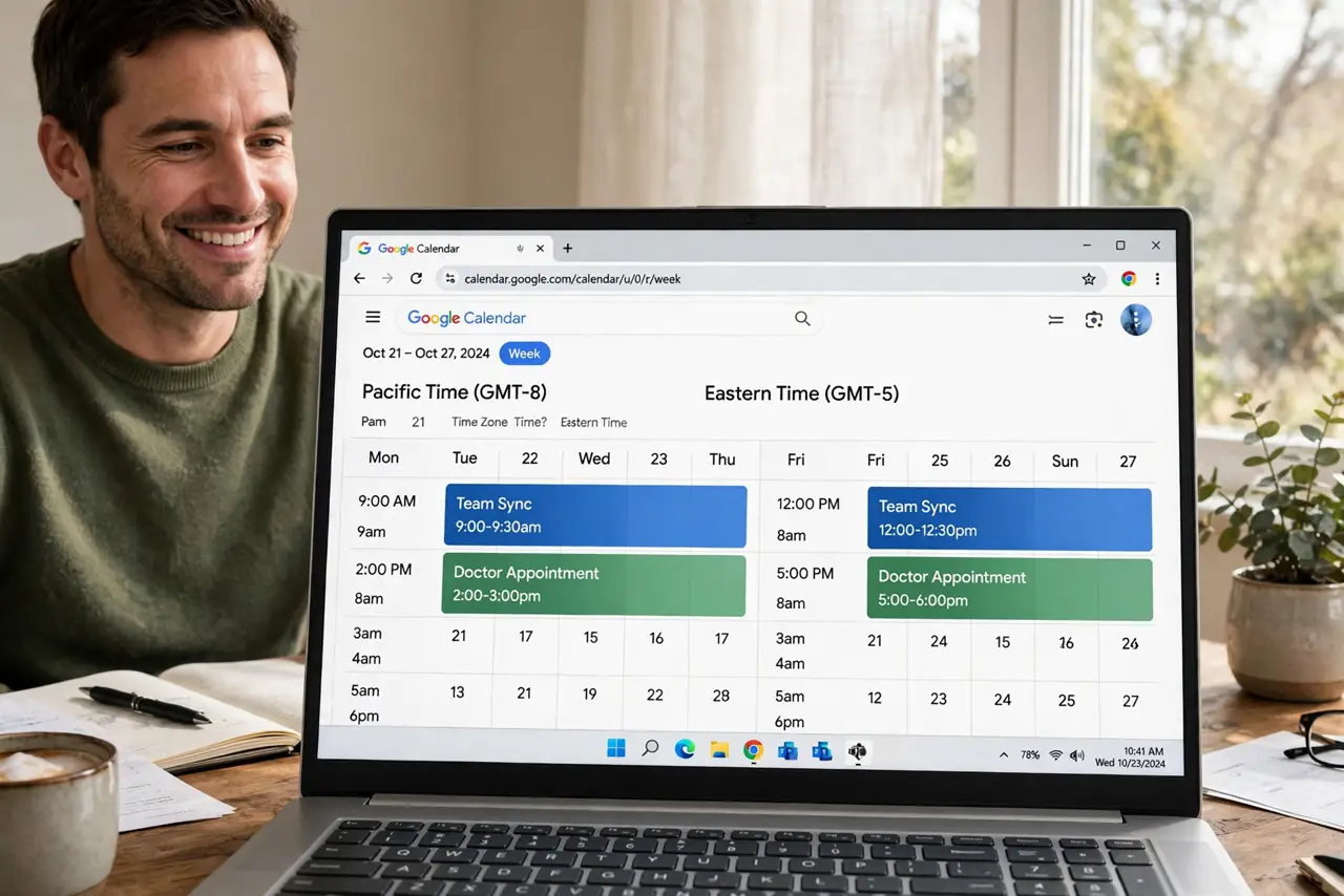 An adult at a desk using a real Windows laptop showing Google Calendar week view with two time zone columns fully legible, the person's face relieved, home office.