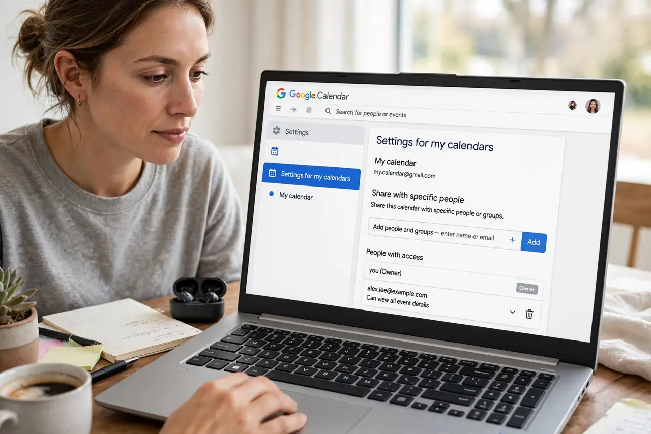 A person performing the first step: Open the calendar sharing settings. Settings > Settings for my calendars > your calendar > Share with specific people..