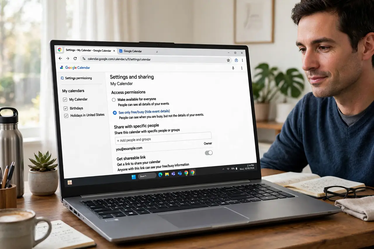 An adult at a desk using a real Windows laptop showing Google Calendar sharing settings with the free and busy option fully legible, the person's face calm, home office.