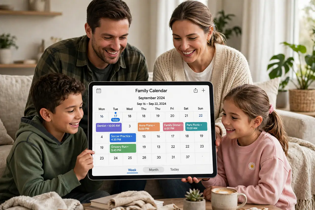 A family looking together at a real tablet showing a shared family calendar with legible colorful events, the family members smiling, living room.