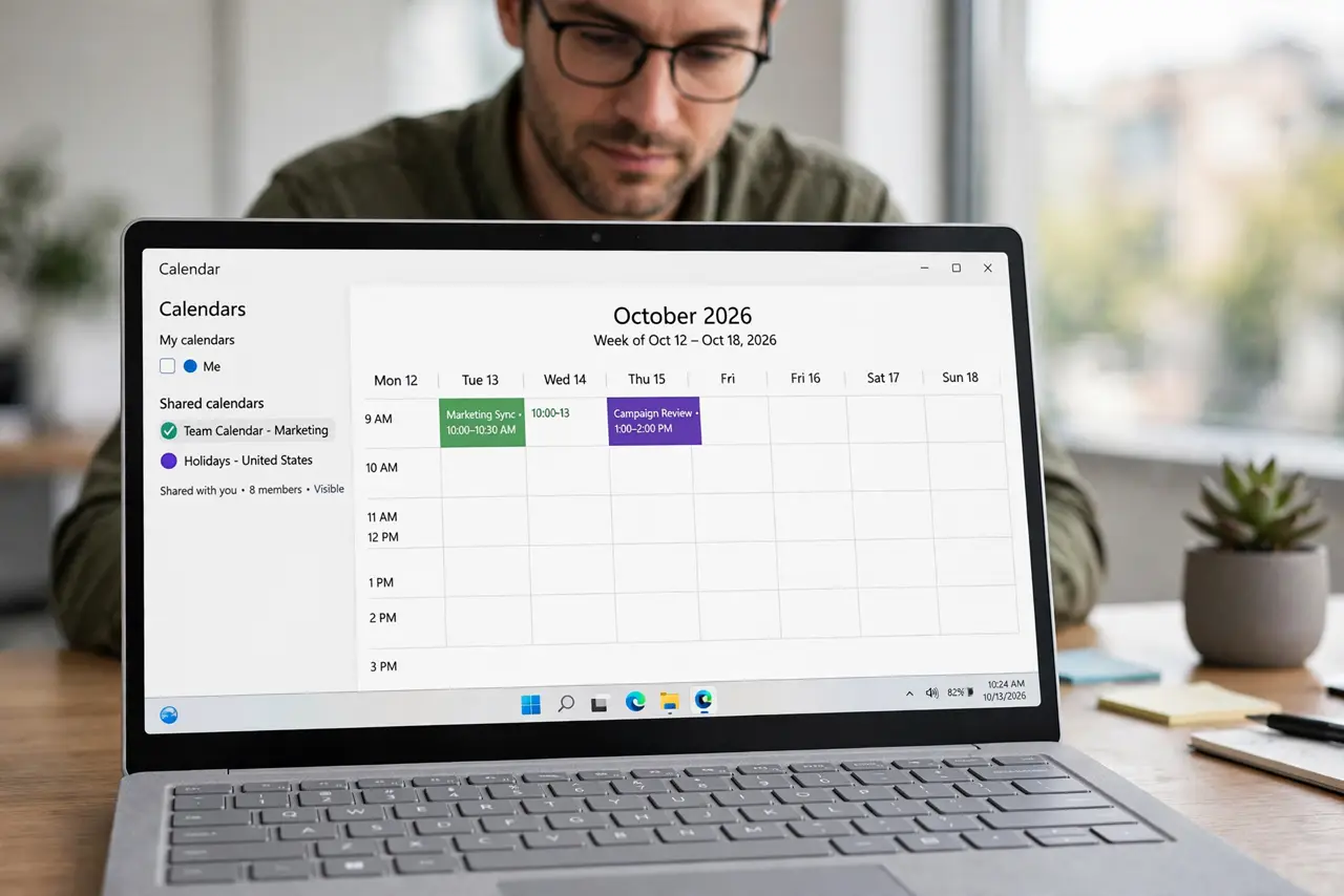 Person performing step 1: Confirm the shared calendar is visible. Open the calendar list and check the shared calendar is checked and visible. A hidden calendar...