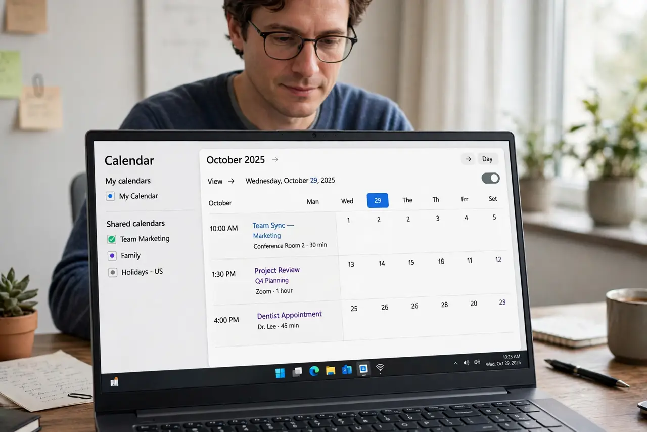 Photorealistic photo: A calm adult at a desk with a real Windows laptop, a calendar app open on screen showing a shared calendar list, screen text legible.