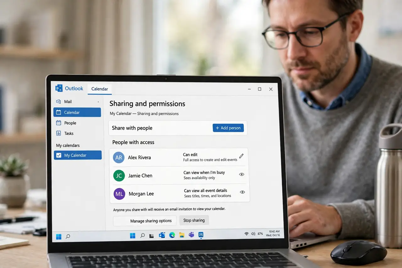 A person performing step 1 of the guide: Open the sharing settings. Find the share or permissions option for the calendar. The list there shows every person and exactly what each one can do.