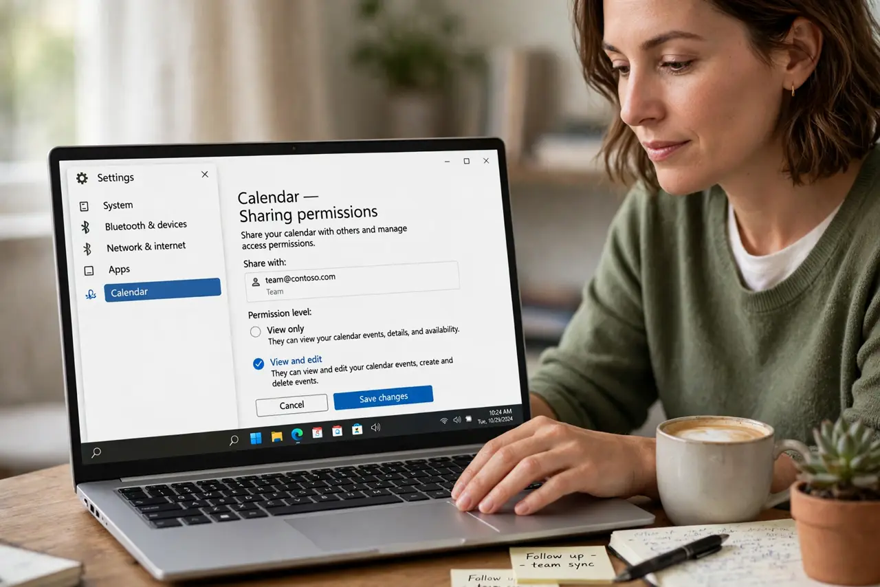 a calm adult at a desk with a real Windows laptop, the screen showing calendar sharing permissions with fully legible view and edit options, the person choosing one. No black screen, no blank white screen, no fake or ...