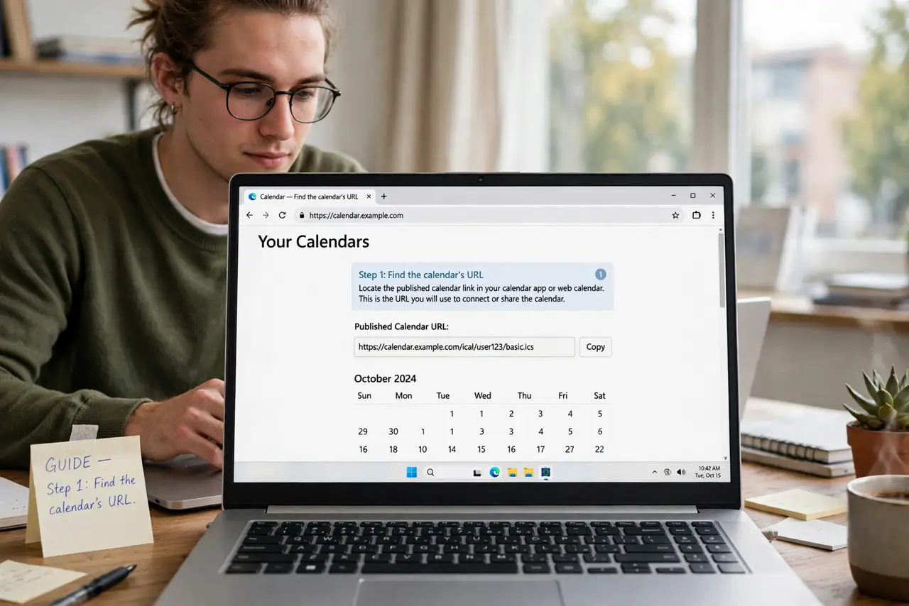 A person doing the guide's first step: Find the calendar's URL.