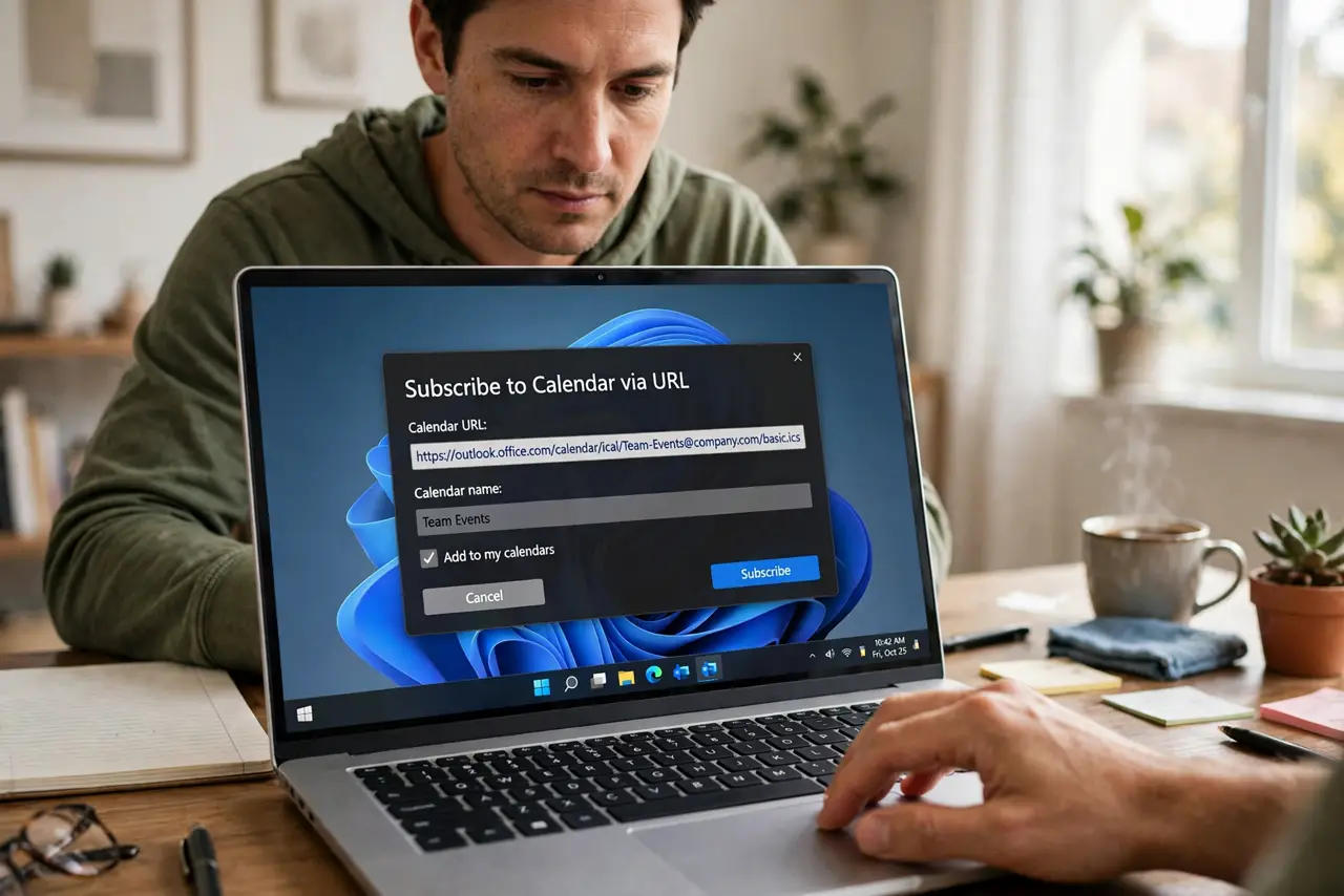 A person pasting a calendar URL on a real laptop screen showing a calendar app's subscribe-by-URL dialog with legible fields, the person's face focused, home office.