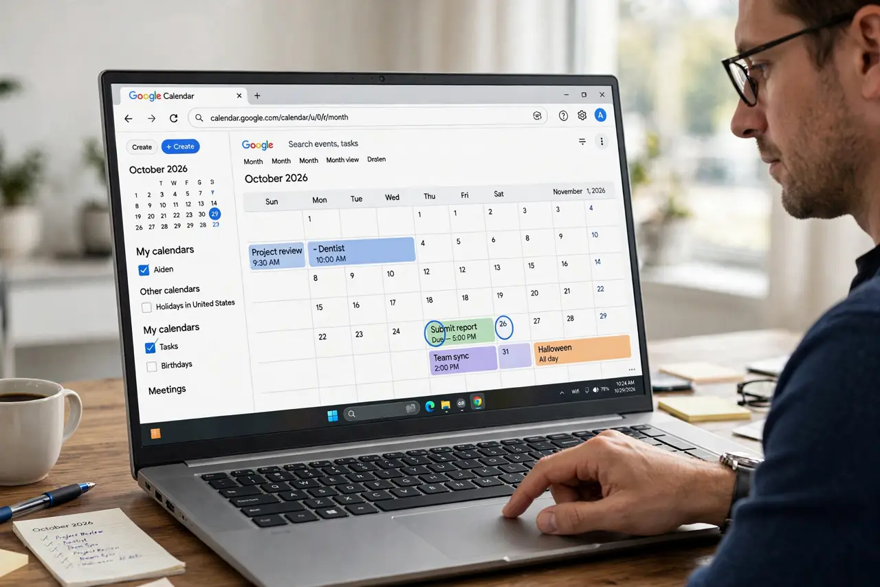 A person performing the first step: Show the Tasks calendar. In Calendar left sidebar, find My calendars and check Tasks. Dated tasks immediately appear on.