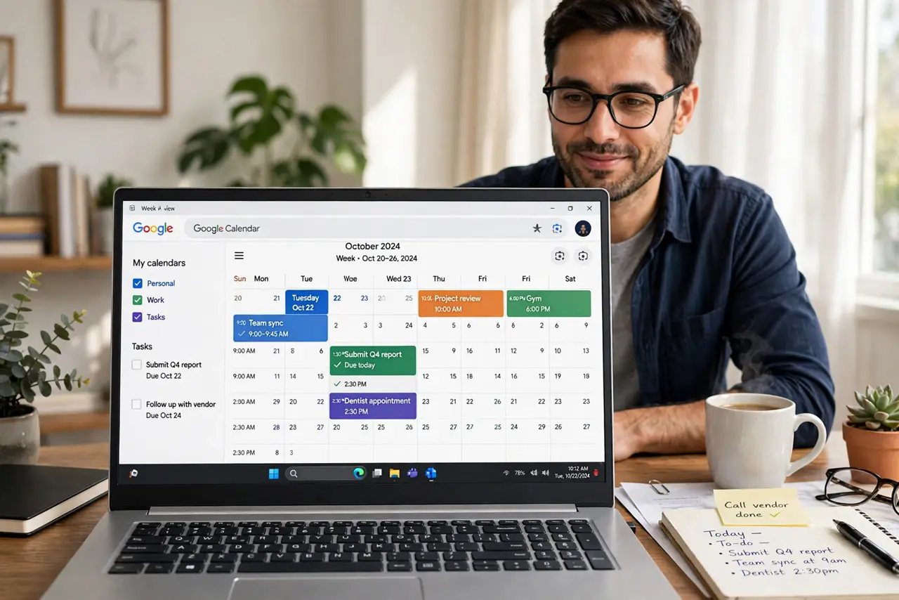 An adult at a desk using a real Windows laptop showing Google Calendar with tasks visible on their due days fully legible, the person's face organized, home office.