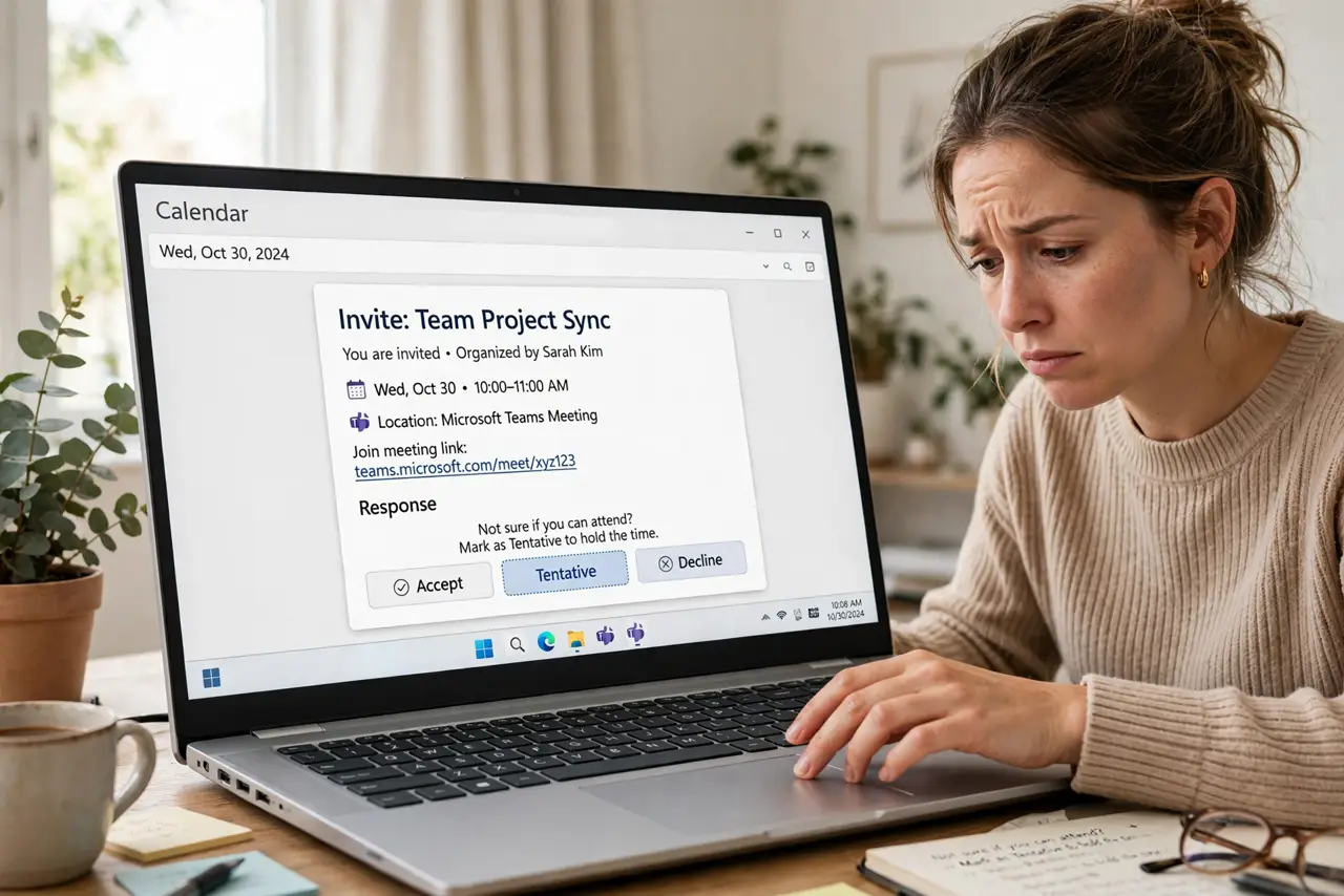 A person marking an invite as tentative on a real laptop screen showing a calendar app with Accept Tentative Decline options legible, the person's face uncertain, home office.
