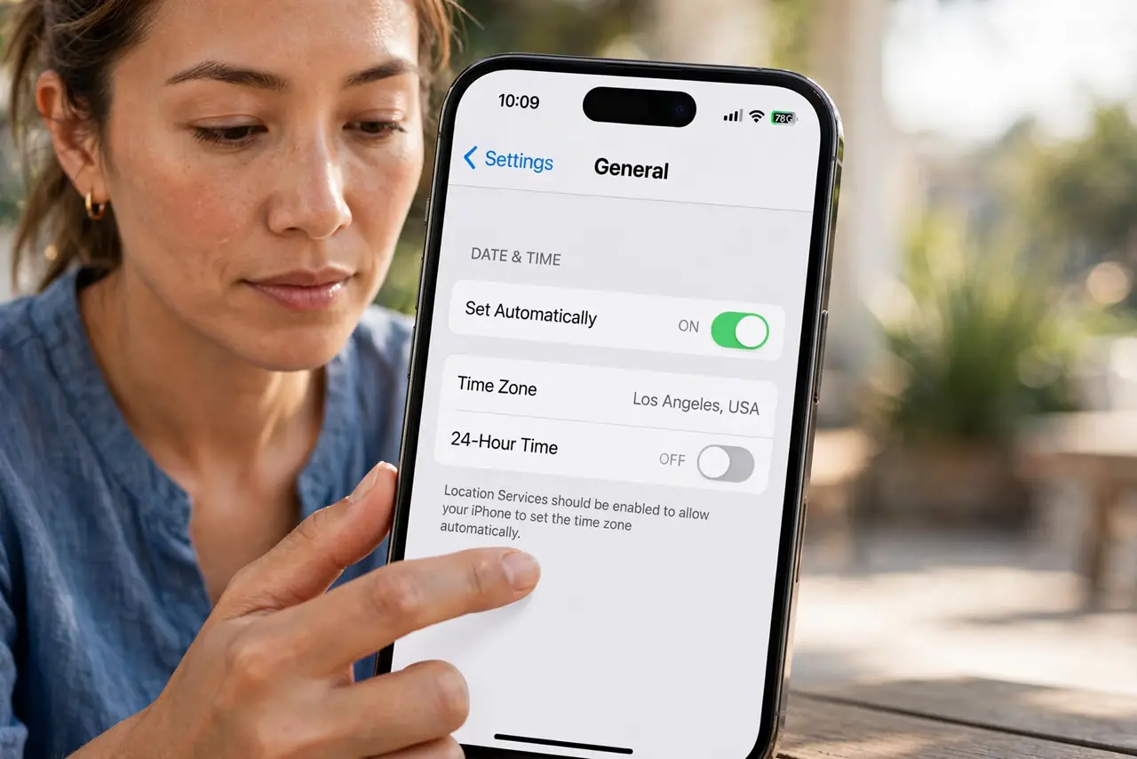 Step 1 in action for Travel Messed Up Your Calendar Times: Turn on automatic time zone.