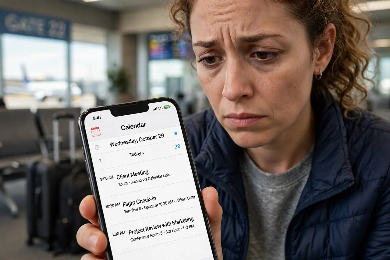 Travel Messed Up Your Calendar Times — a concerned traveler at an airport looking at a phone calendar showing meeting times, the screen with fully le