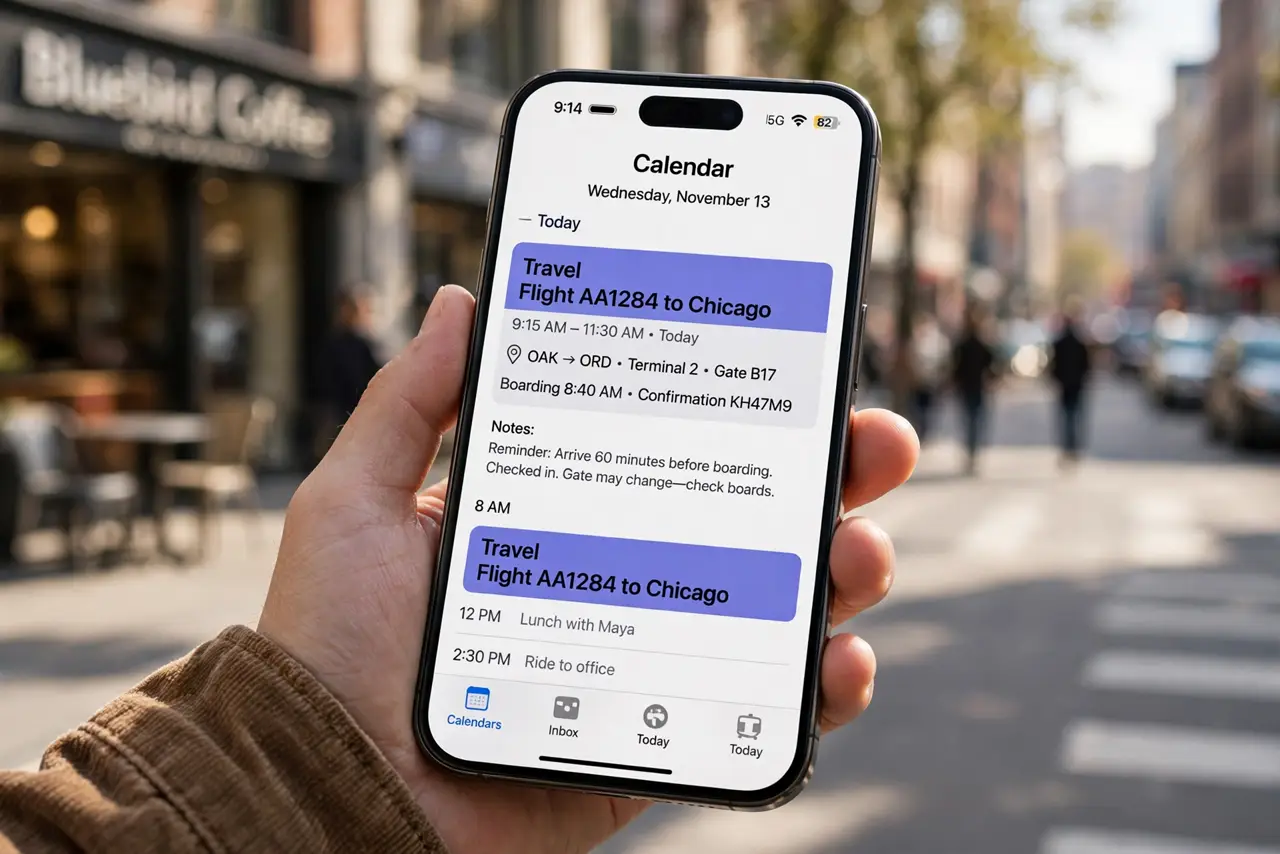 Block Travel Time on Your Calendar — a calm commuter checking a phone calendar with a travel block event visible, the phone screen showing the even
