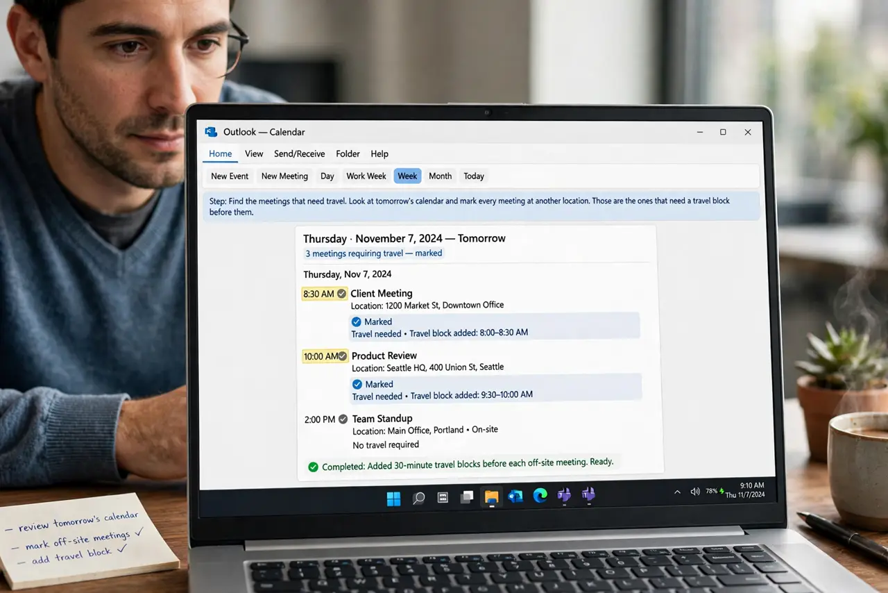 A person performing step 1 of the guide: Find the meetings that need travel. Look at tomorrow's calendar and mark every meeting at another location. Those are the ones that need a travel block before them.