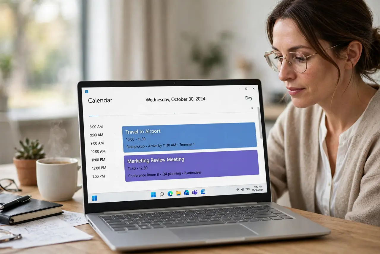 a calm adult at a desk with a real Windows laptop, the screen showing a calendar with a travel block before a meeting, both fully legible, the person reviewing the day. No black screen, no blank white screen, no fake ...