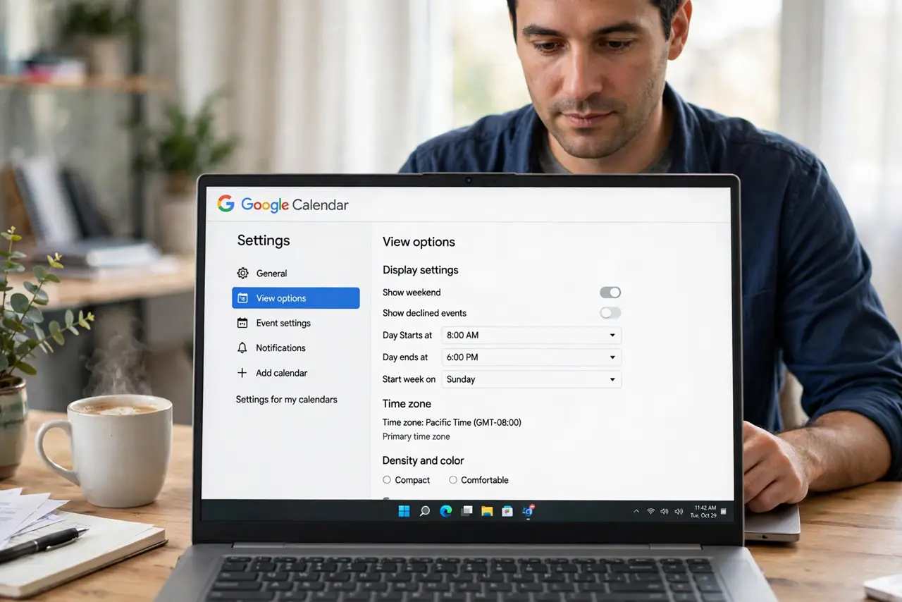 A person performing the first step: Open View options. Settings > View options — display settings live here, not in the calendar list..