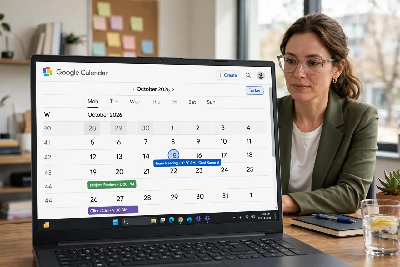 An adult at an office desk using a real Windows laptop showing Google Calendar month view with week numbers column fully legible, the person's face organized, office.