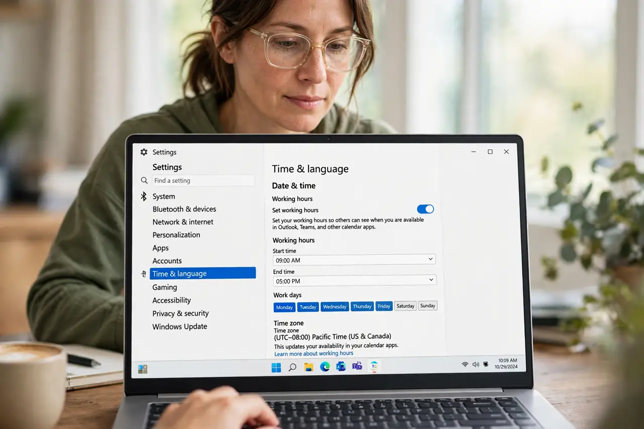 A person performing step 1 of the guide: Open working hours in settings. Find working hours or availability in your calendar settings. The exact name differs by app, but every major calendar has this feature.