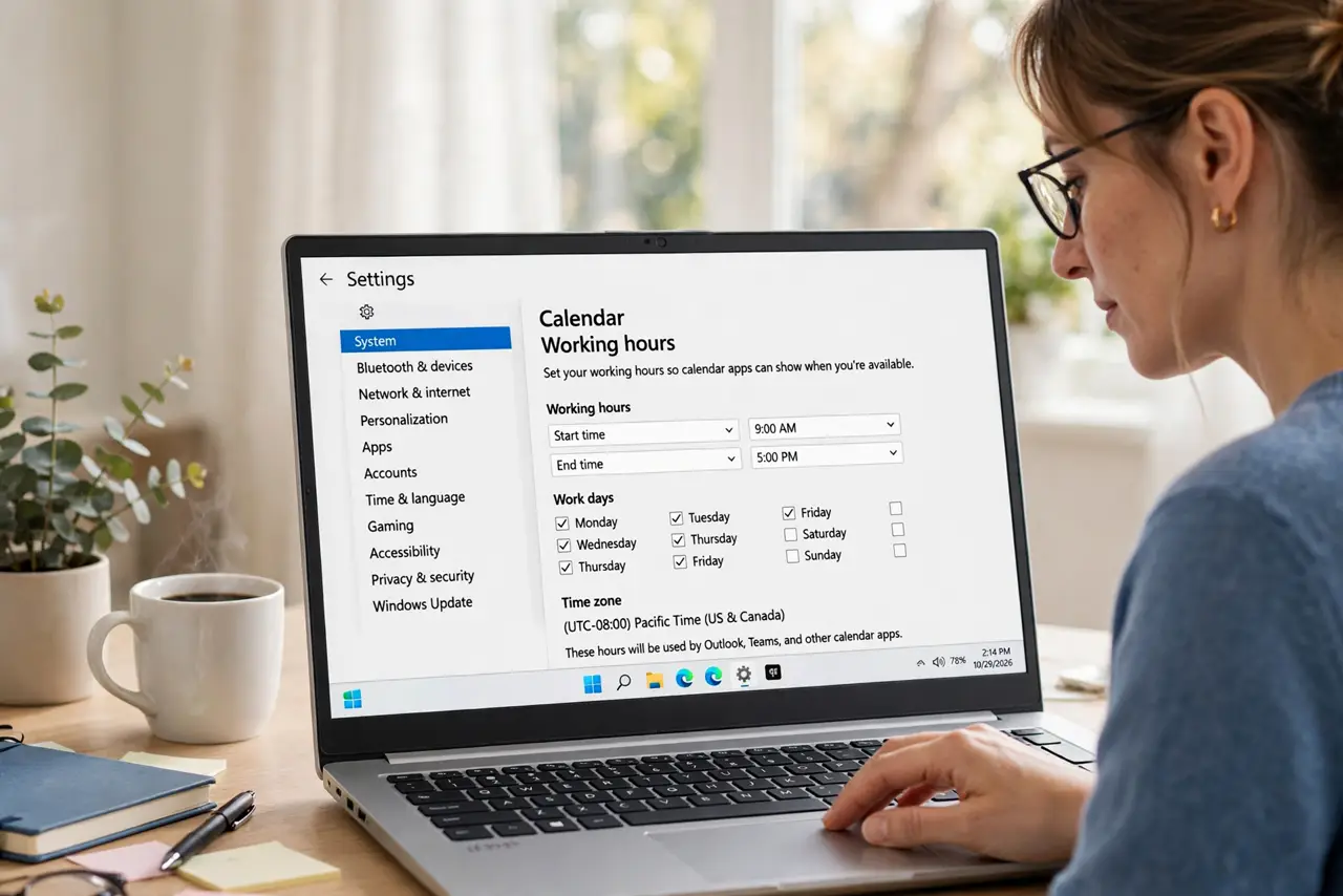 a calm adult at a desk with a real Windows laptop, the screen showing calendar working hours settings with fully legible time fields, the person setting them. No black screen, no blank white screen, no fake or garbled...