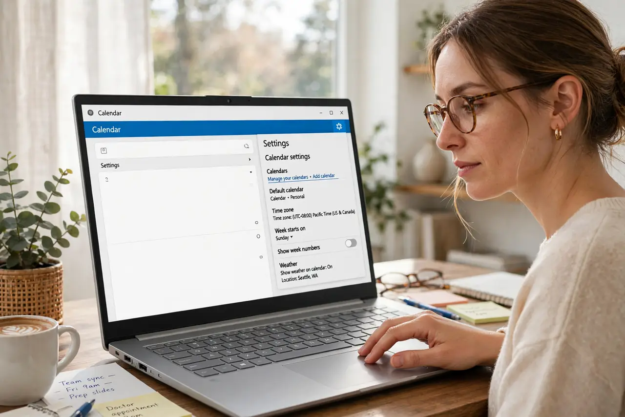A person calmly performing the guide's first step: Open calendar settings.