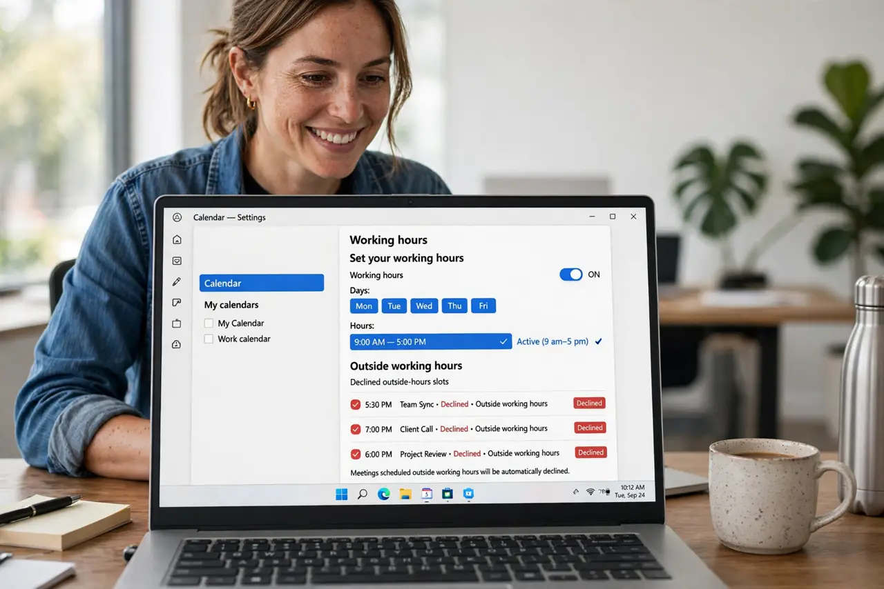 a person setting working hours in a real calendar app with 9-to-5 highlighted and declined outside-hours slots visible, the person's face satisfied, bright office. No black screen,.