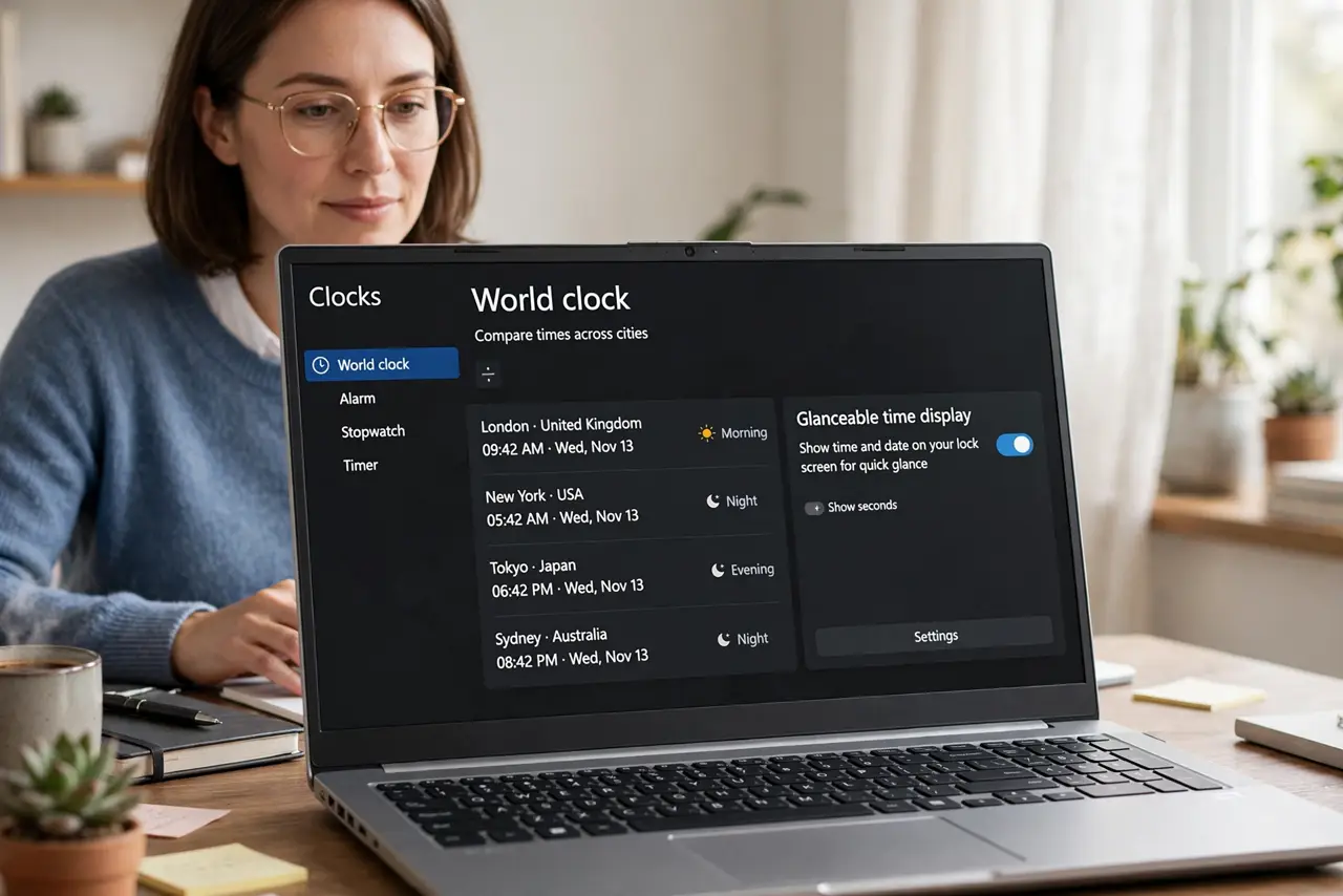 A person performing the first step: Pick your world clock tool. Google Clock app world clock tab, a desktop widget, or a pinned converter tab — any.