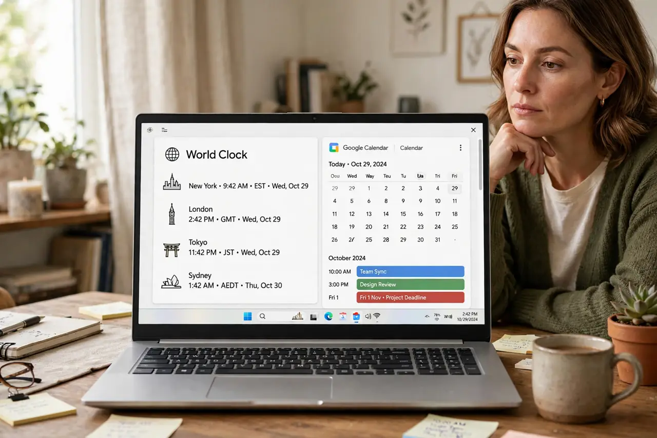 An adult at a desk using a real Windows laptop showing a world clock widget beside Google Calendar with multiple city times fully legible, the person's face thoughtful, home office.