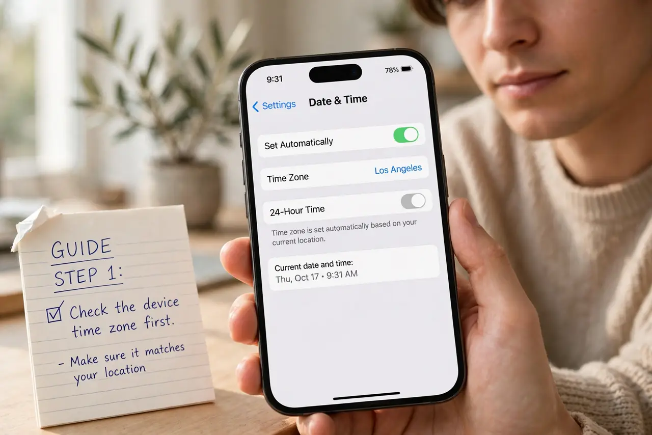 A person doing the guide's first step: Check the device time zone first.