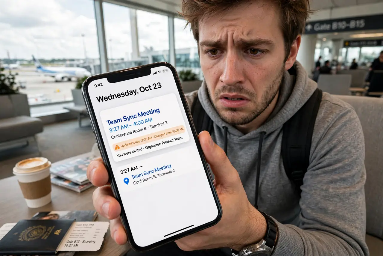 A person checking a wrong meeting time on a real smartphone showing a calendar event at an odd hour, the person's face confused, airport lounge.