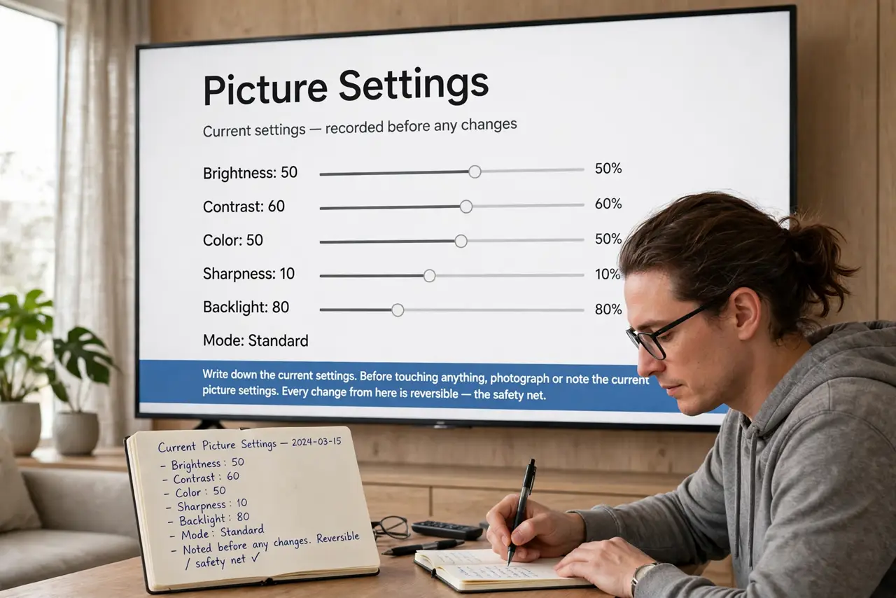 A person performing the guide's first step: Write down the current settings. Before touching anything, photograph or note the current picture settings. Every change from here is…