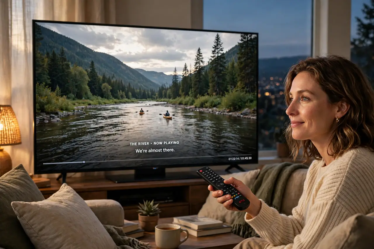 A person in a living room holding a real TV remote, a real TV showing a legible movie scene with natural colors, the person's face satisfied, evening with warm lamp light..