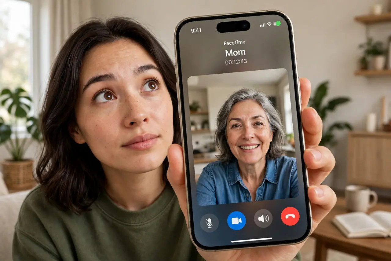 a person noticing a real green indicator dot on a phone screen during a video call, the person's eyes glancing up at it, the person's face alert, living room.