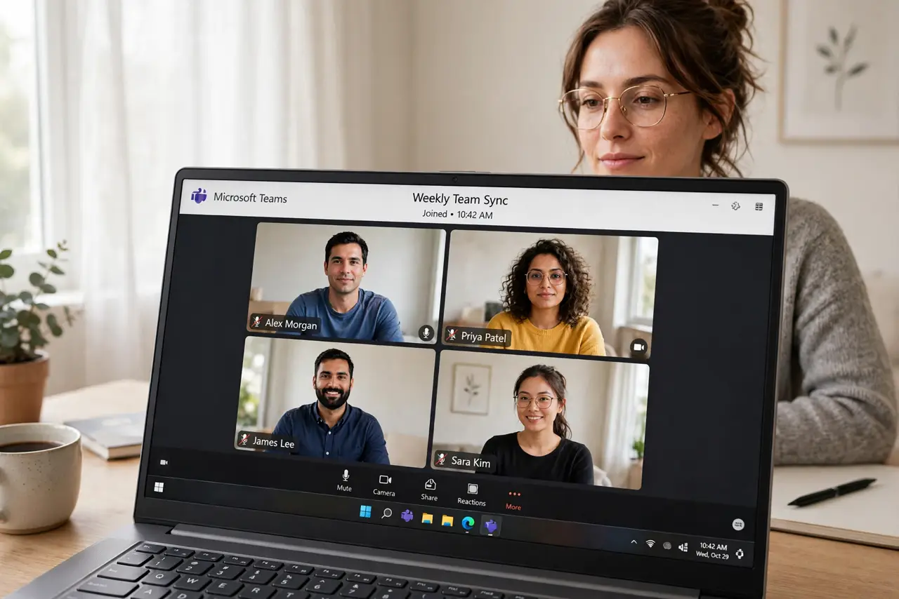 A person on a real laptop video call, the laptop screen large in frame showing a neat video-call grid with legible participant tiles, the person's face relaxed and.