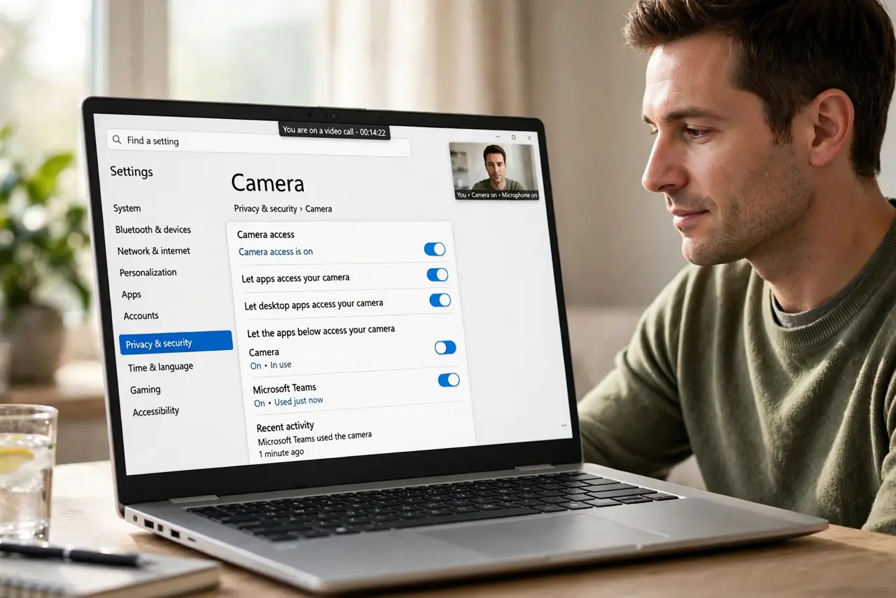 a calm adult on a video call on a real Windows laptop, the Windows Camera privacy settings screen clearly visible and legible on the real laptop screen.
