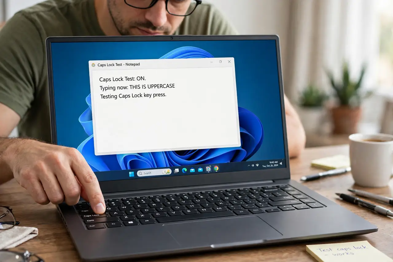 An adult calmly tapping the Caps Lock key and typing a test sentence.