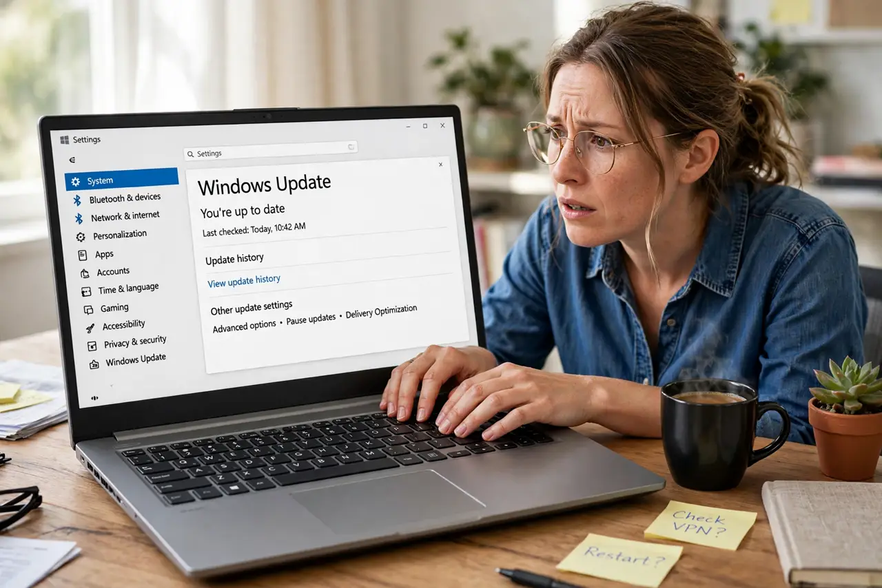 An adult typing on a Windows laptop with a puzzled look, noticing everything types in uppercase.