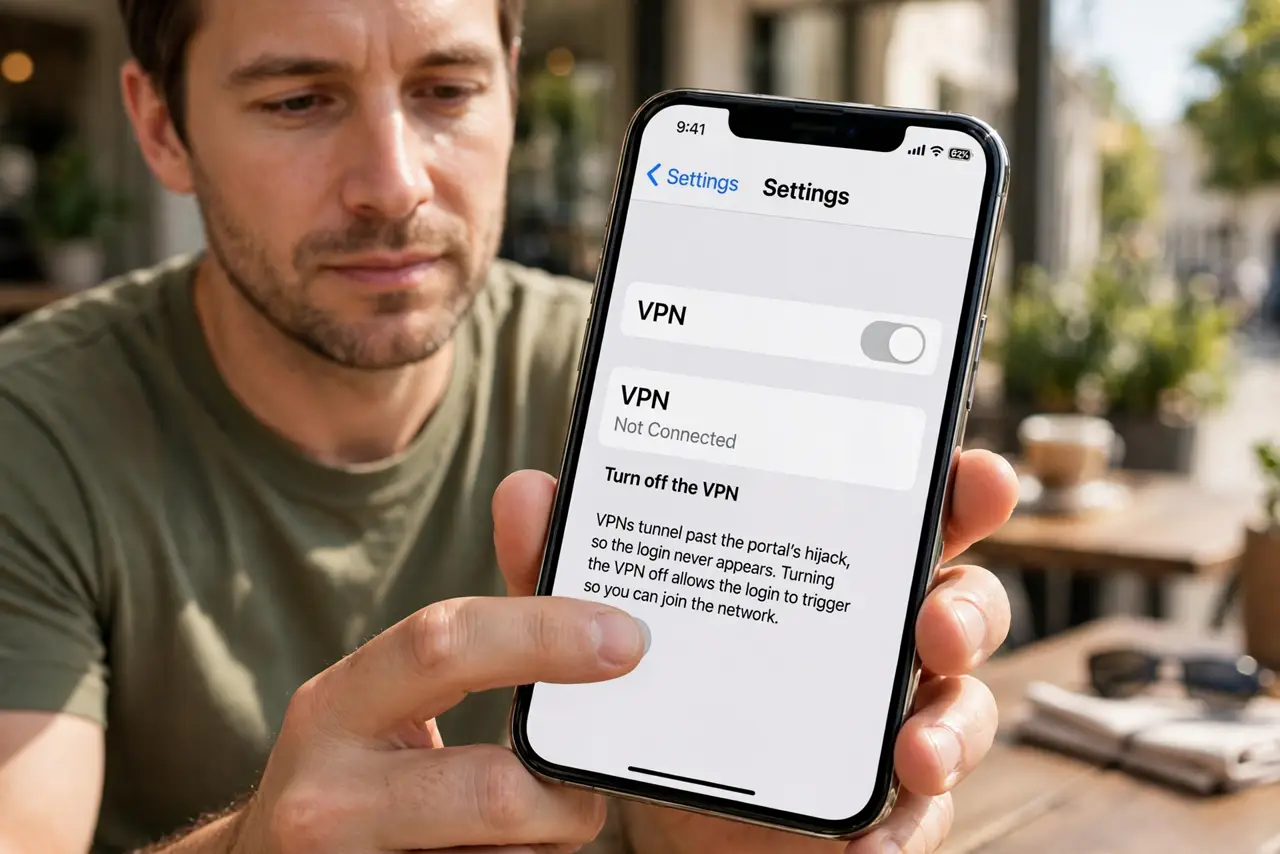 Step 1 in action for Wi-Fi Login Page Never Appears: Turn off the VPN. VPNs tunnel past the portal's hijack, so the login never triggers.