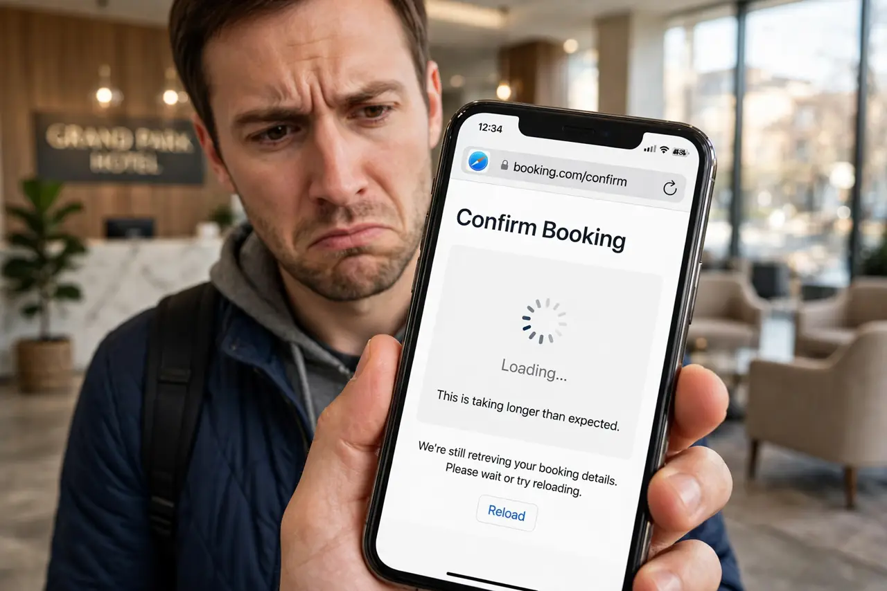 Wi-Fi Login Page Never Appears — a person in a hotel lobby holding a real phone showing a browser stuck loading, the hotel sign blurred behind,