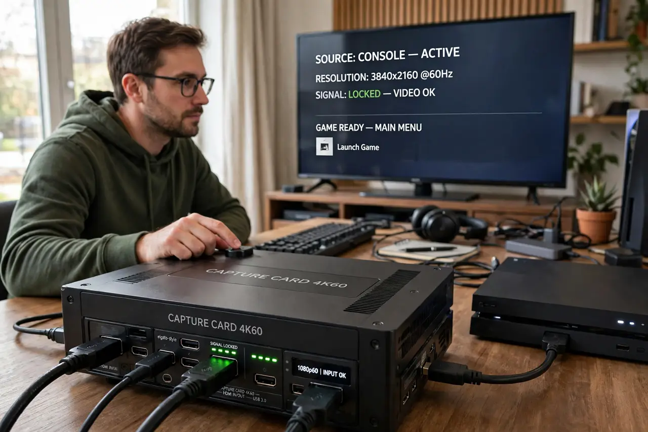 Photoreal photo of a person performing the first step: Confirm the source is actually outputting video. Power on the console or camera and check it...