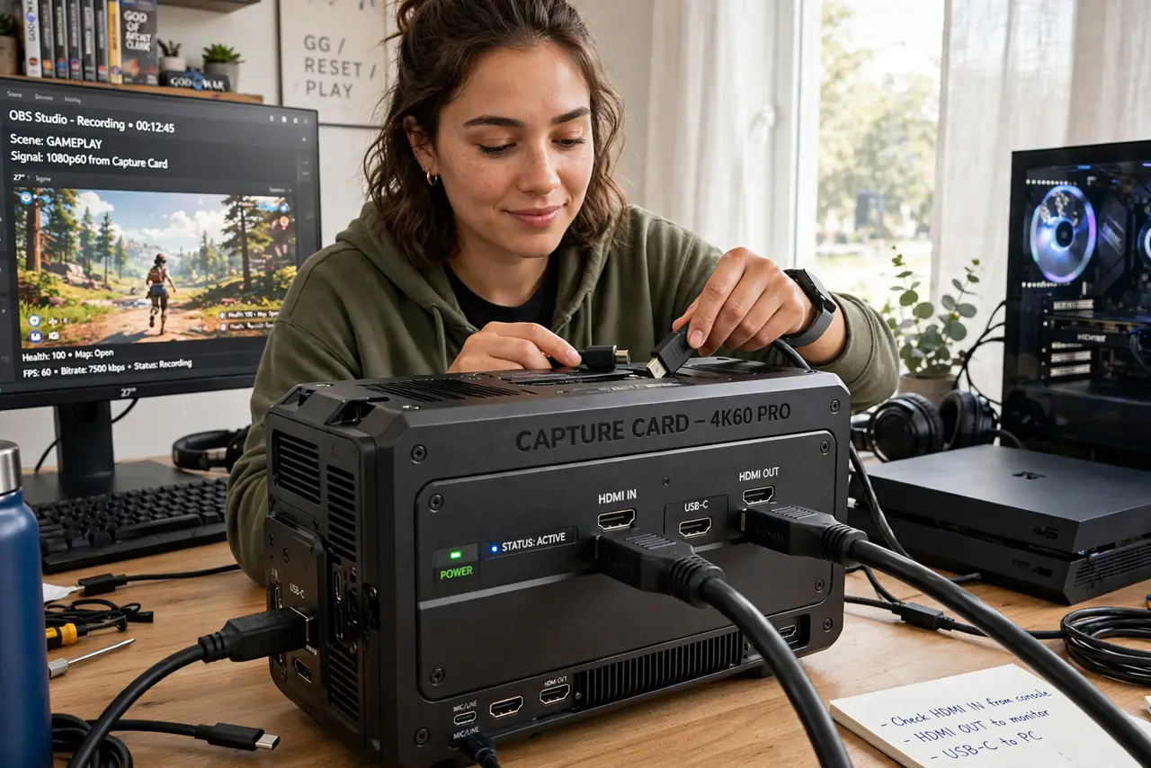 Photoreal photo: a person checking real HDMI cables behind a real capture card connected to a real console and PC, the person's face focused, gaming desk setup. No black screen, no blank white screen, no fake or ga...