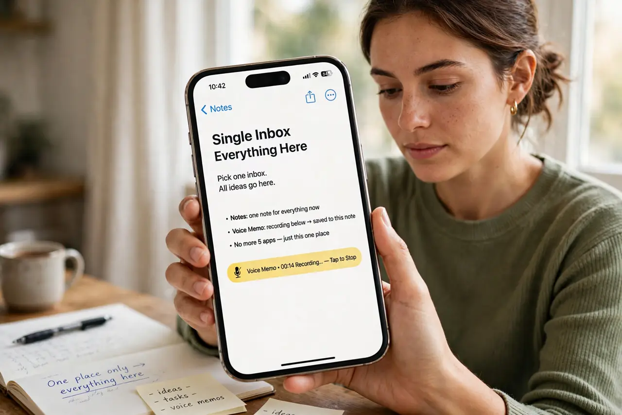 A person performing the guide's first step: Pick one inbox. One notes app, one notebook, one voice-memo shortcut — a single default place everything goes. Multiple inboxes mean ideas…