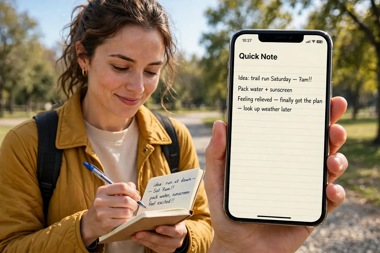 A person jotting a quick note in a small real notebook while walking outdoors, phone in the other hand, the person's face relieved at having caught the idea, park daylight.