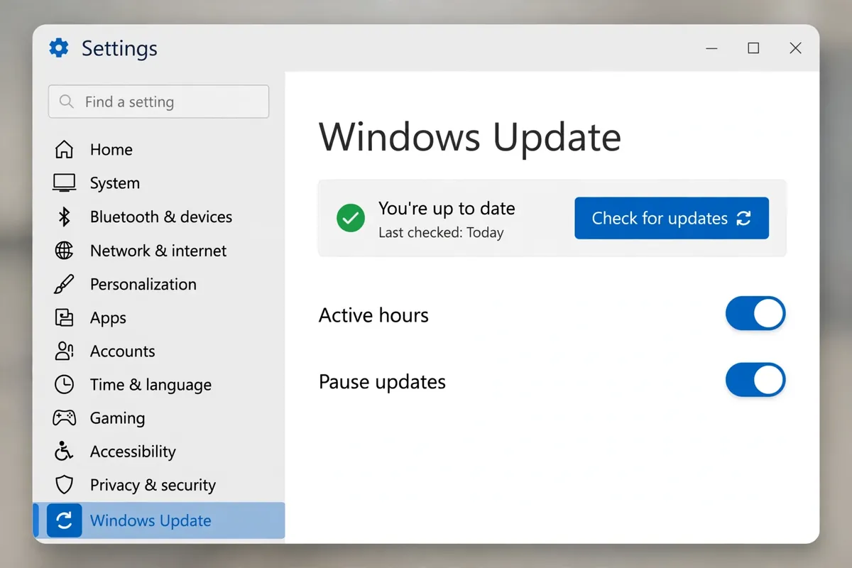 Example recreation: Windows Settings, Windows Update page — Active hours and Pause updates are the controls in this guide.