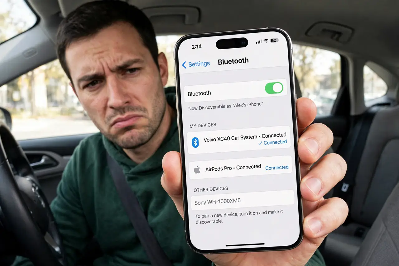 Car Bluetooth Won't Auto-Connect — a driver sitting in a parked car holding a real smartphone showing Bluetooth settings with the car system list