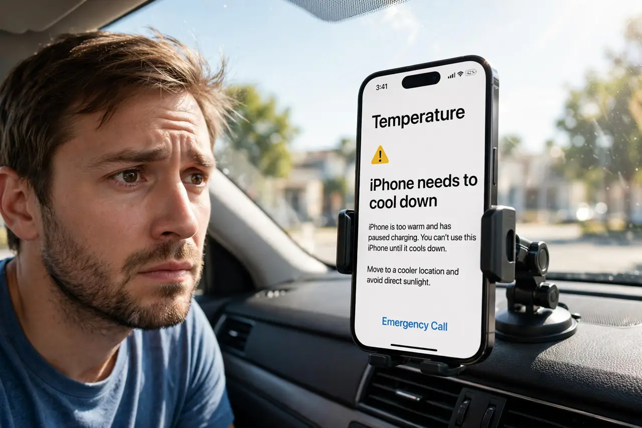A concerned driver glancing at a real phone mounted on a car dashboard mount, the phone screen showing a temperature warning with legible text, sunlight streaming through the windshield.