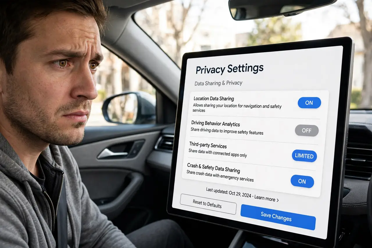 a person reviewing privacy settings on a real car dashboard screen showing legible data sharing options, parked car interior, the person's face concerned but in control.