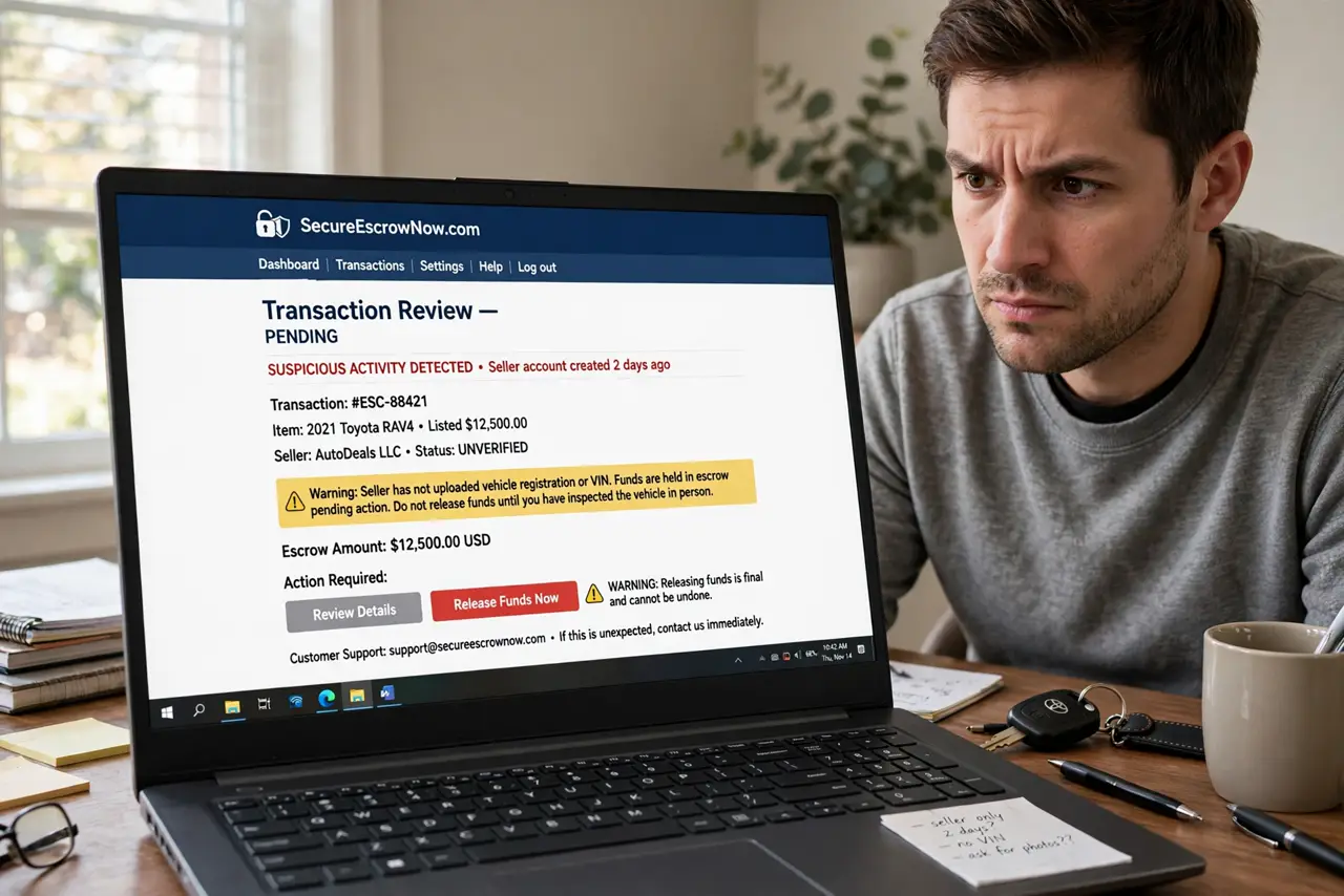A cautious buyer at a real laptop showing a suspicious escrow website fully legible, car keys on the desk, the person's face skeptical, home office.