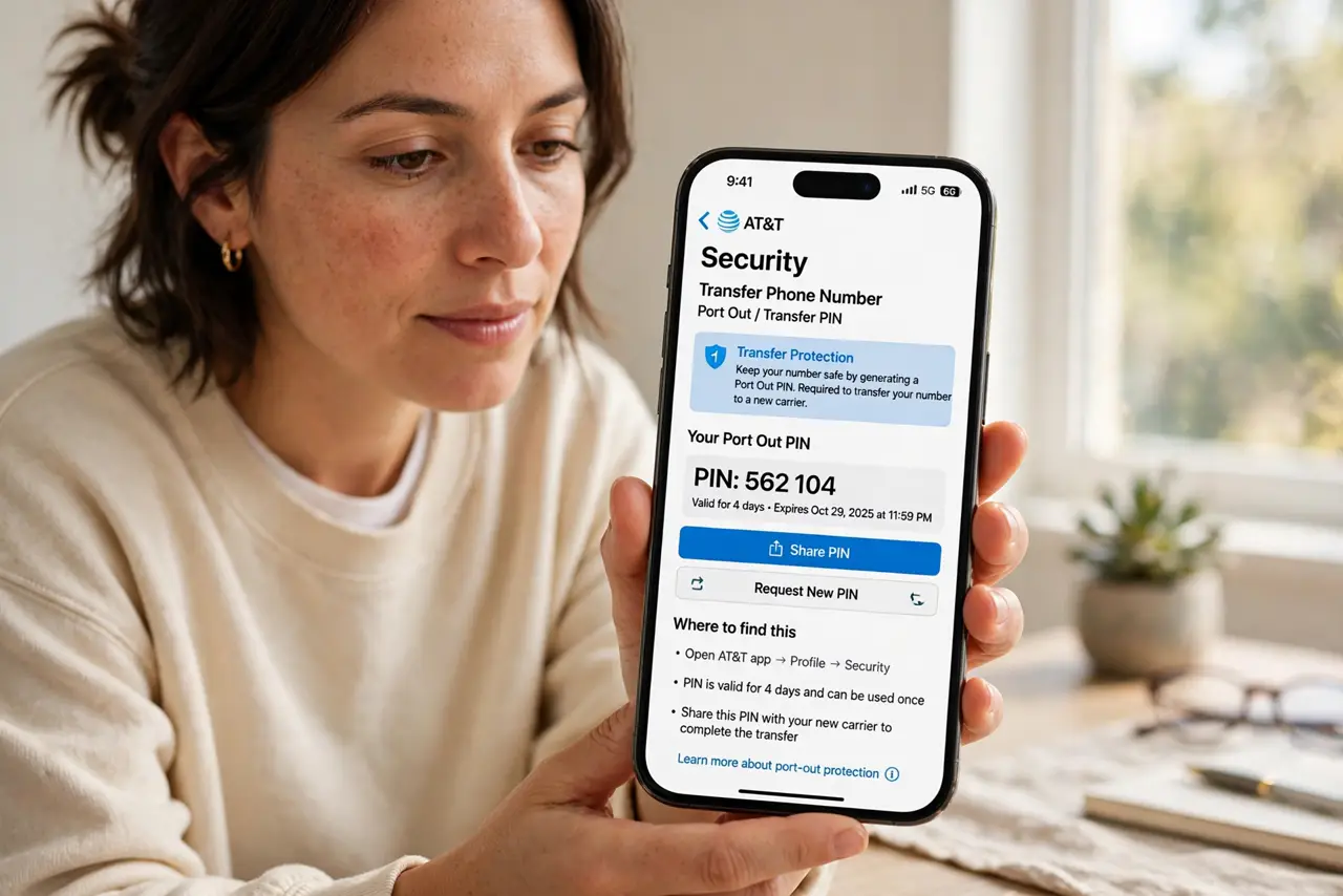 A person performing step 1 of the guide: Find the port-out or transfer PIN setting. Open your carrier's app or account site and look under security or profile. Every major...