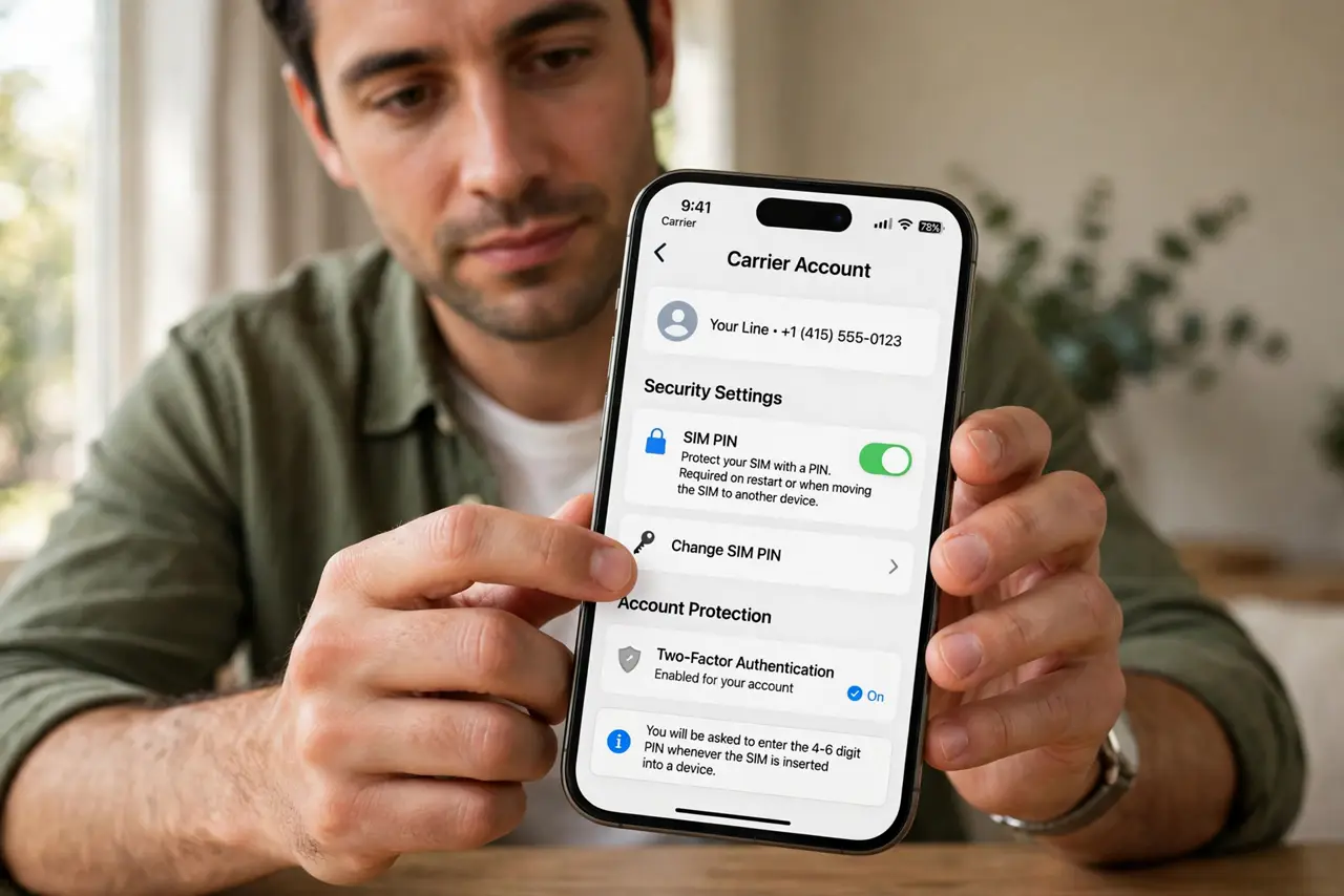 a calm adult holding a real iPhone showing a carrier account app with normal security settings and legible text, the person enabling a PIN option