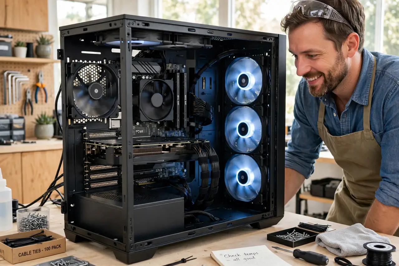 a person looking inside a real PC case with tidy cables and clearly visible front-to-back airflow path, case fans spinning, the person's face satisfied, bright workspace. No black .