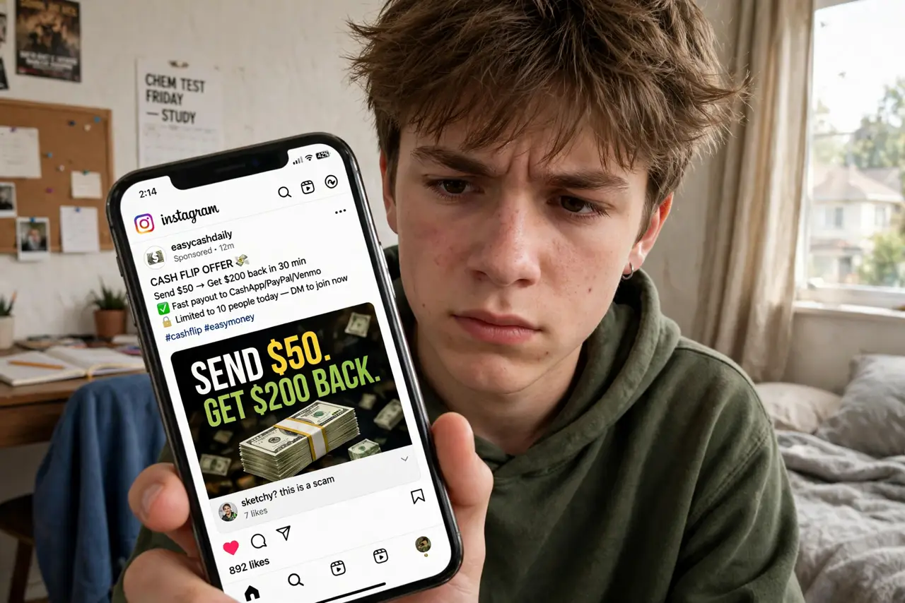 A person performing the first step: Recognize the pitch. Send X, get 10X back, fast. Screenshots of payouts, urgent timers, 'only 3 spots left.' Every.